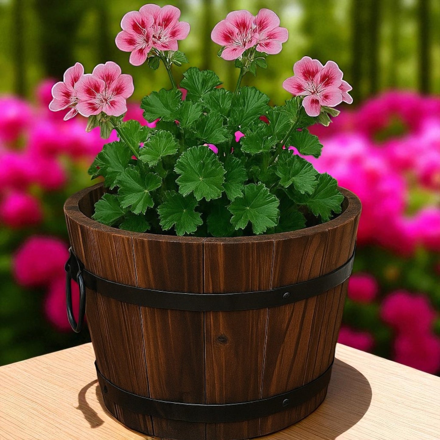 Pack of 2 Rustic Barrel-Style Planters – 24cm Round Brown Wooden-Look Garden Plant Pots