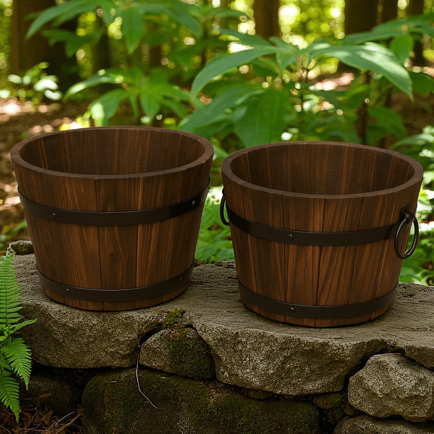 Pack of 2 Rustic Barrel-Style Planters – 24cm Round Brown Wooden-Look Garden Plant Pots