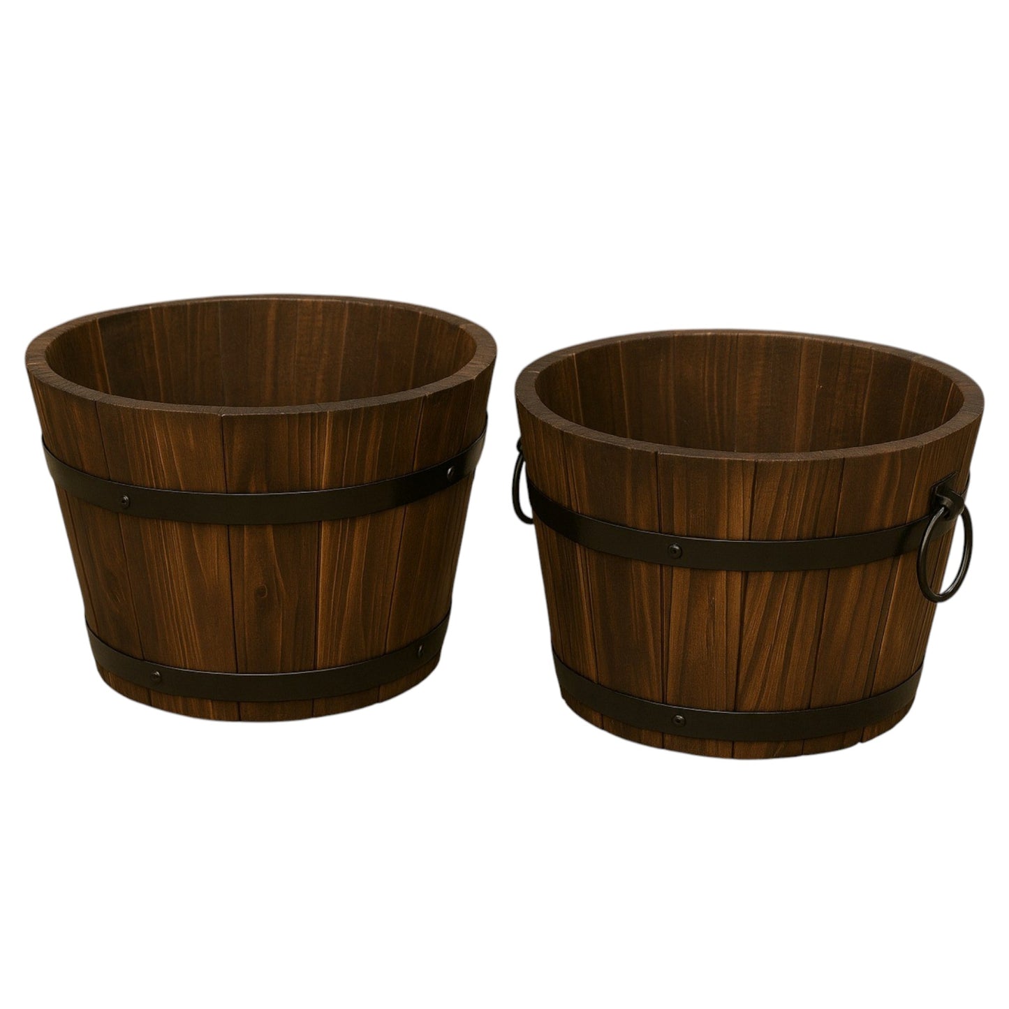 Pack of 2 Rustic Barrel-Style Planters – 24cm Round Brown Wooden-Look Garden Plant Pots