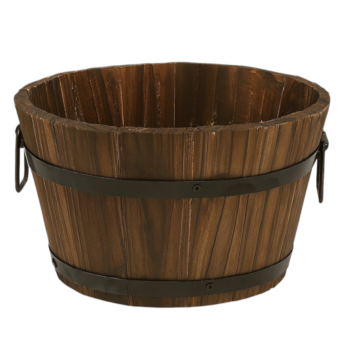Pack of 2 Rustic Barrel-Style Planters – 24cm Round Brown Wooden-Look Garden Plant Pots