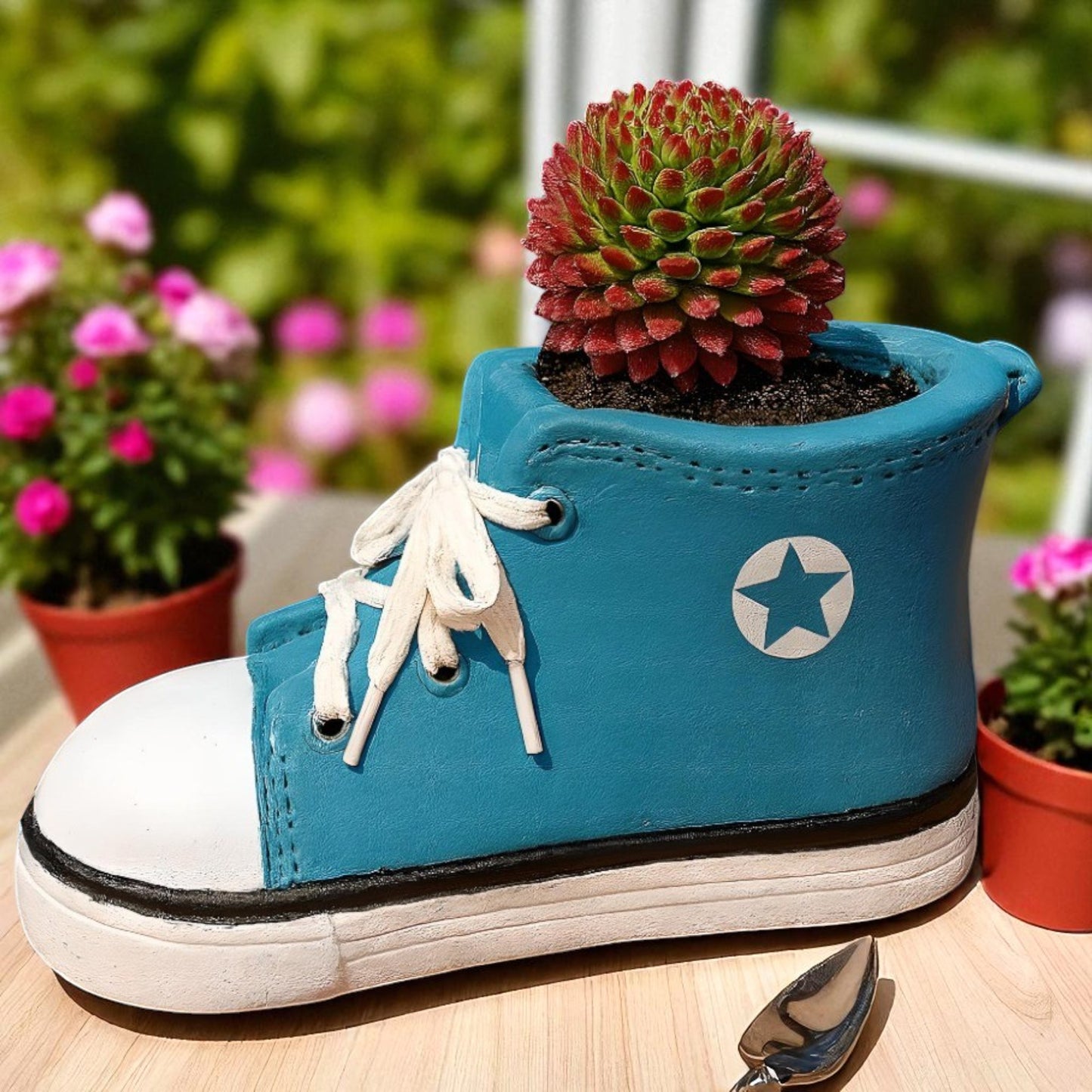 Fun Shoe Shaped Plant Pot – Blue Trainer Design Garden Planter 34cm