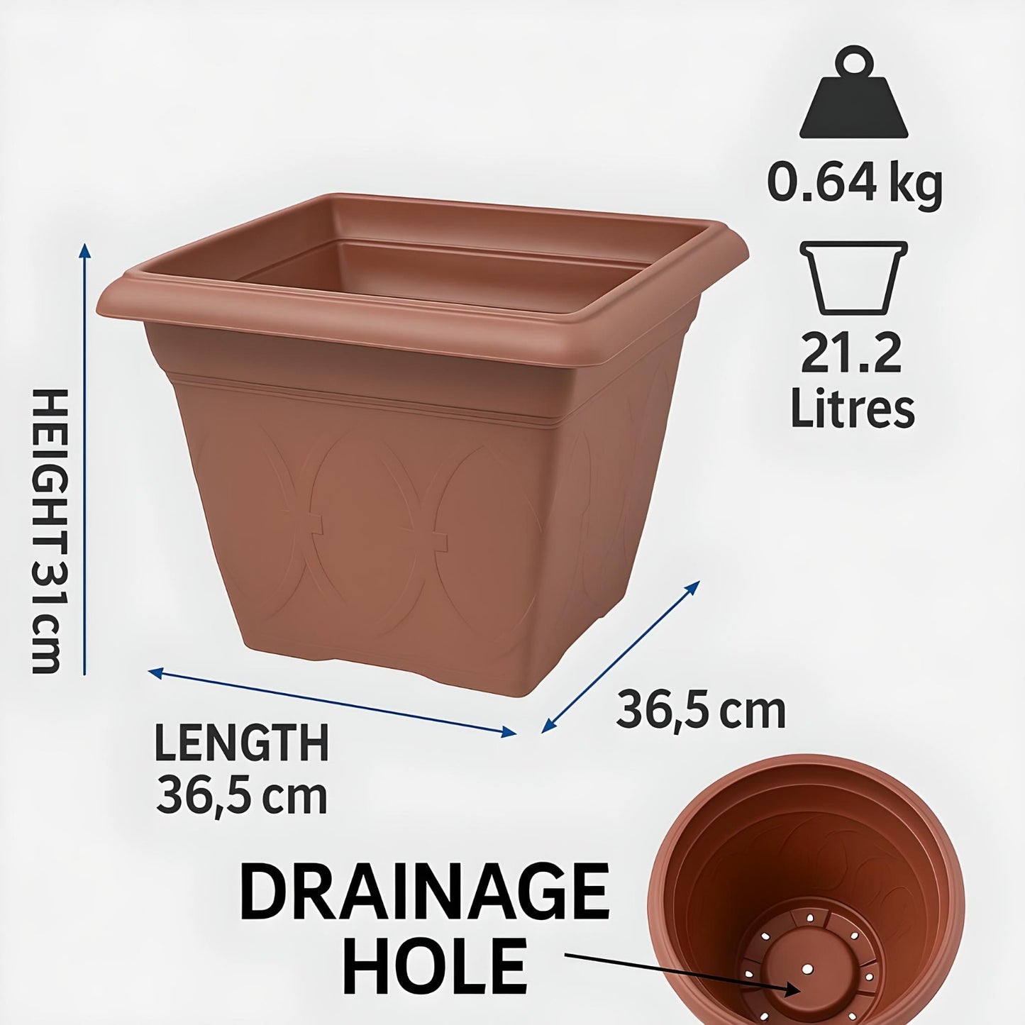Durham 36.5cm Outdoor Plant Pot – Square Design, 21.2L Capacity