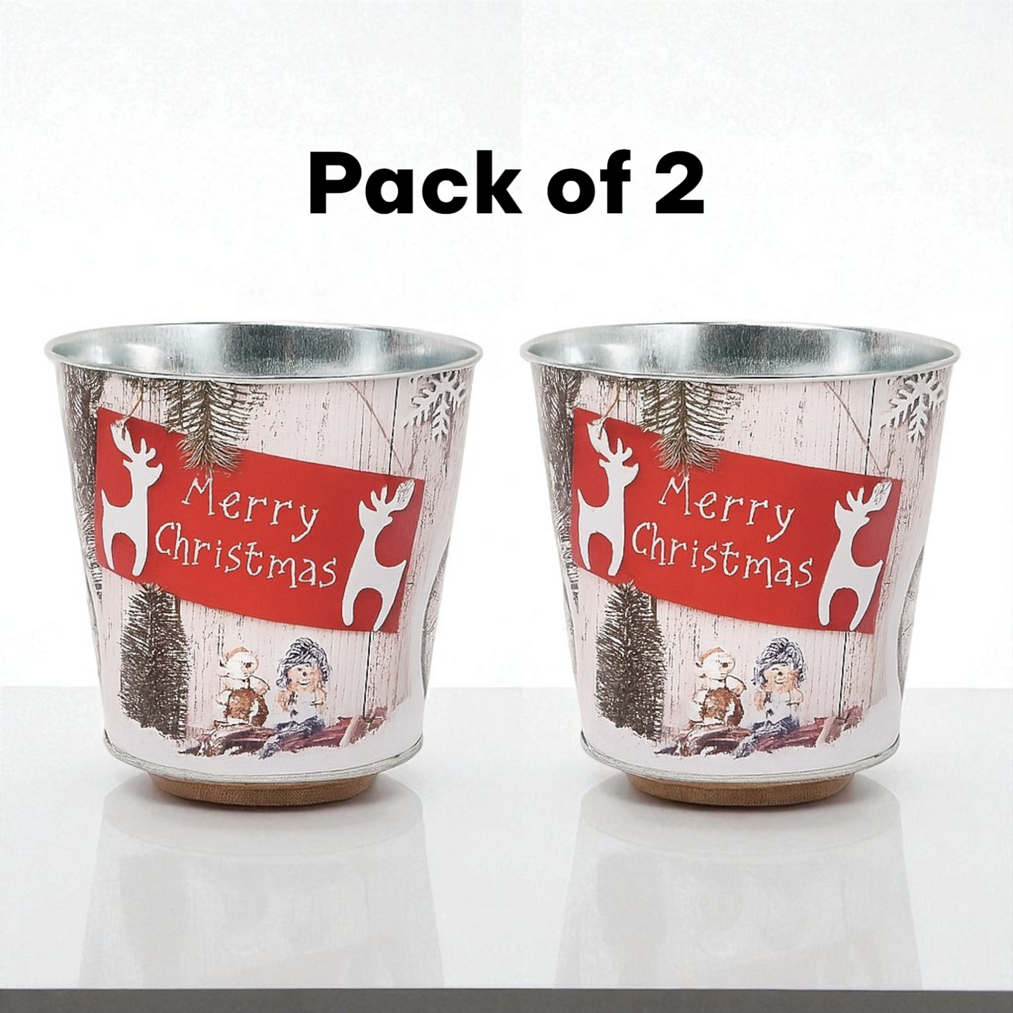 Christmas Tin Pail 15cm – Snow Scene Decorative Buckets (Pack of 2 / Pack of 6)