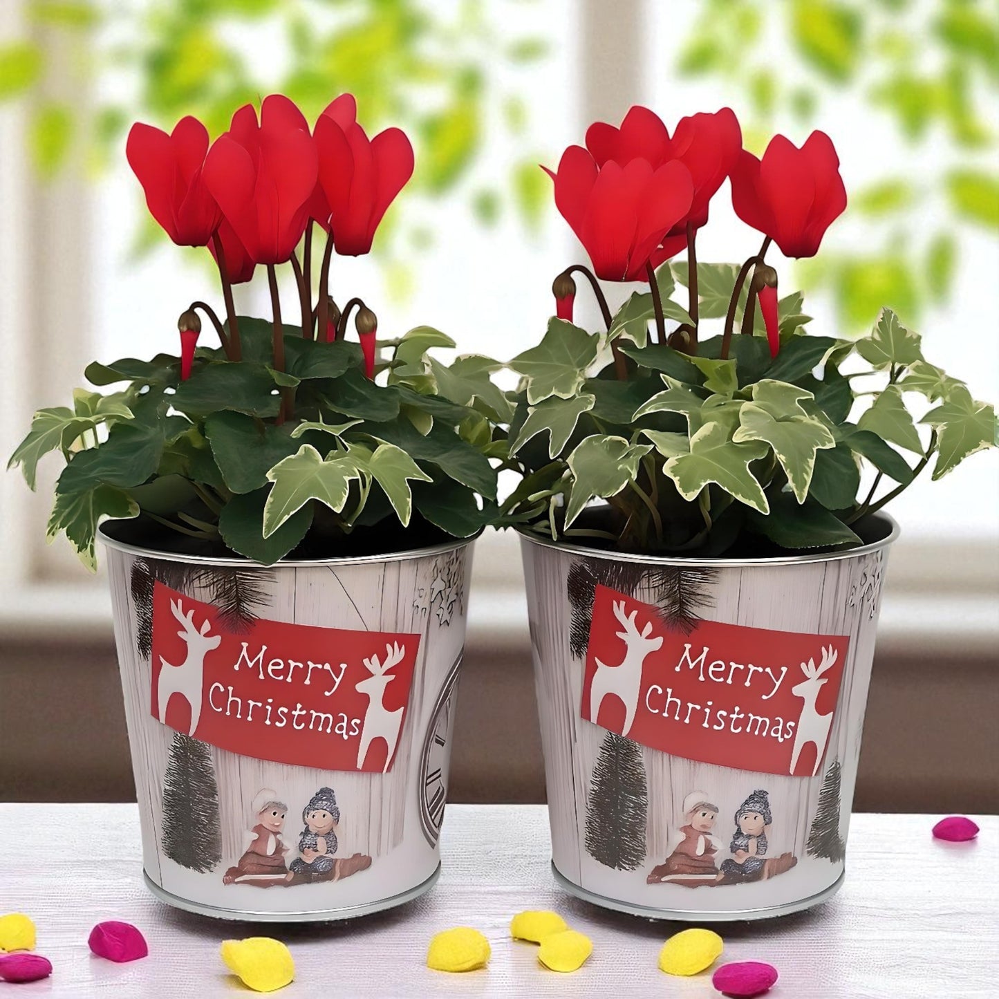 Christmas Tin Pail 15cm – Snow Scene Decorative Buckets (Pack of 2 / Pack of 6)