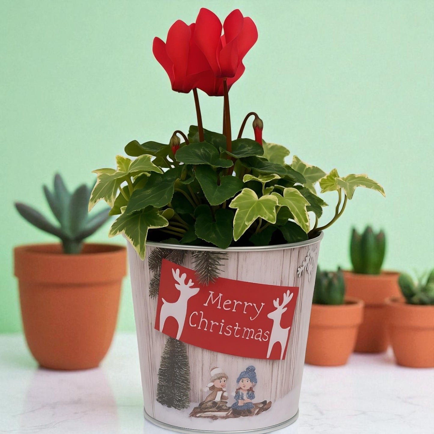 Christmas Tin Pail 15cm – Snow Scene Decorative Buckets (Pack of 2 / Pack of 6)