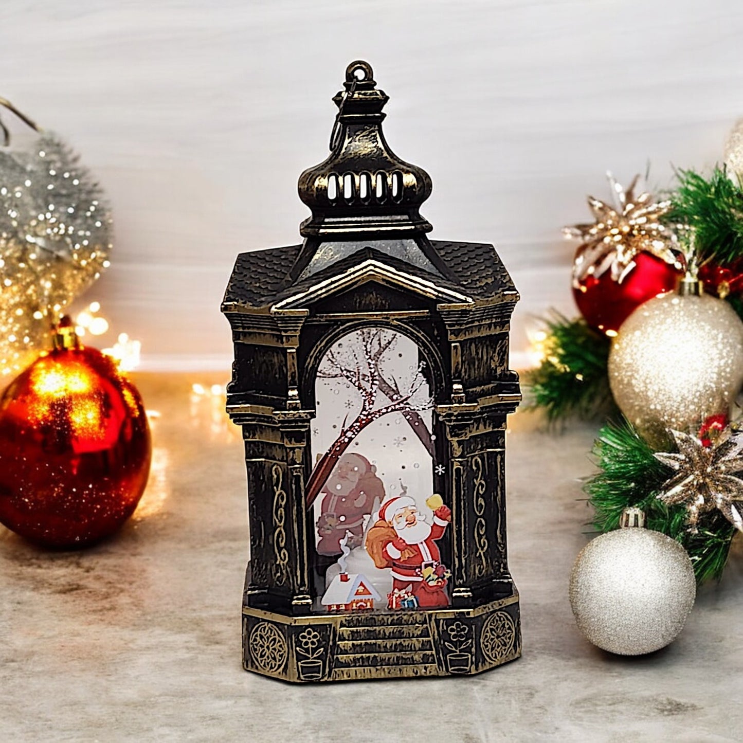 Vintage-Style LED Lantern with Santa Claus Scene