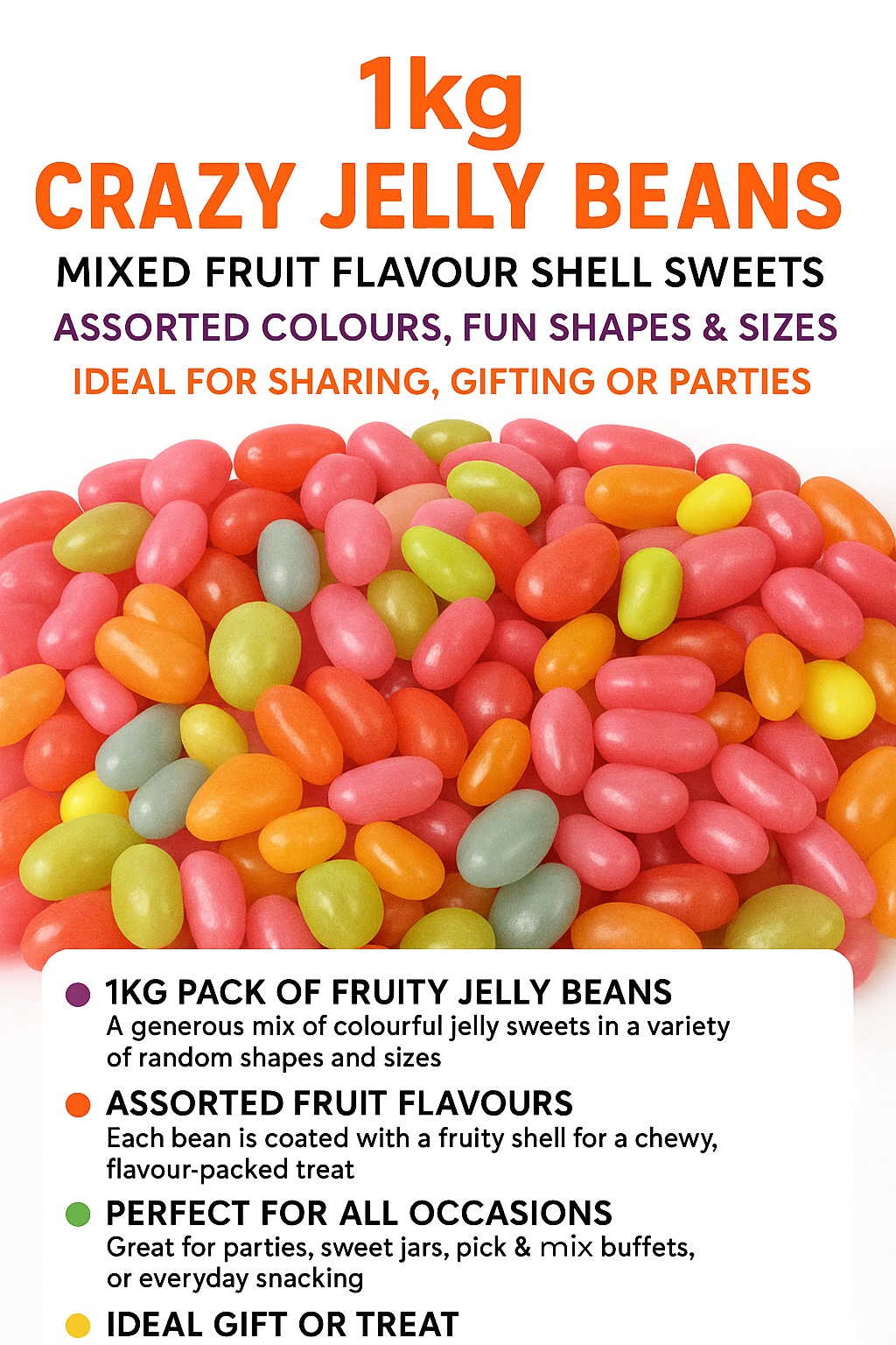1kg Crazy Jelly Beans – Mixed Fruit Flavour Sweets in Fun Colours & Shapes