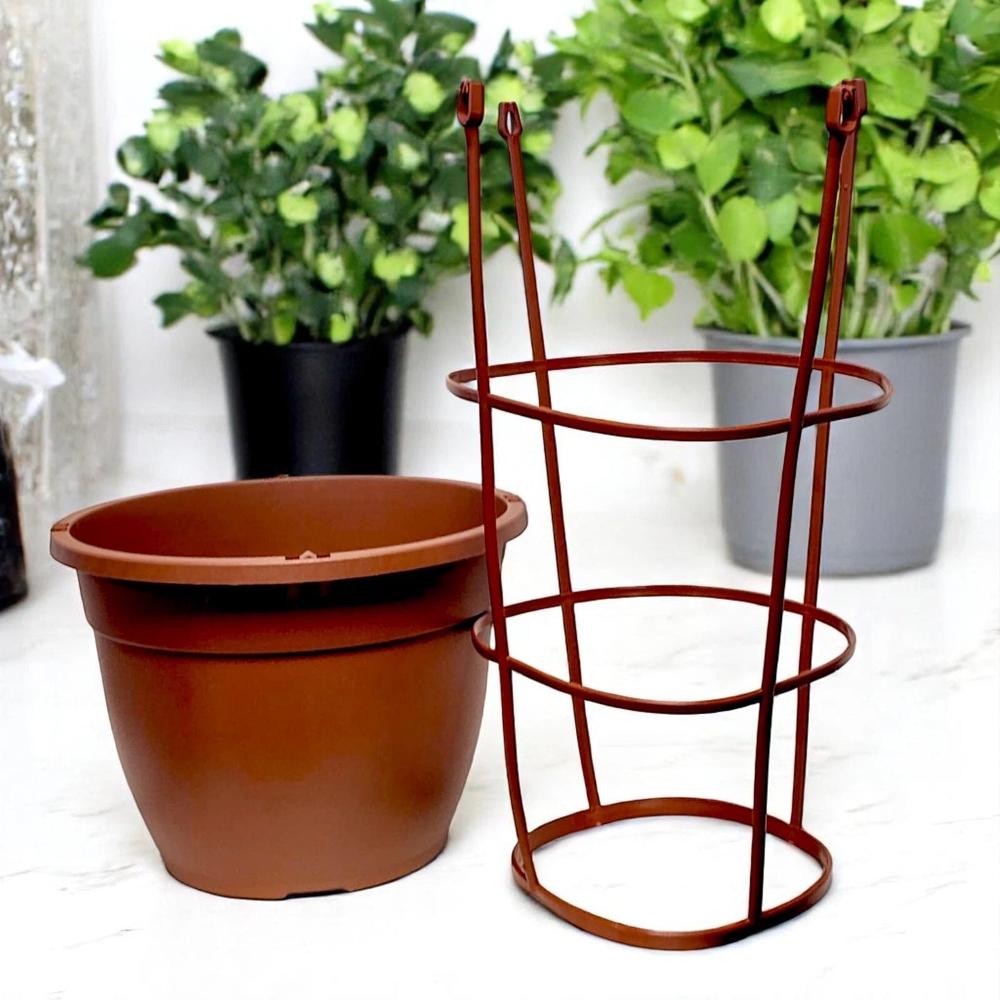 Bella 30cm Plastic Cage Planter – Terracotta Brown Pot with Support | 1/2/4 Pack
