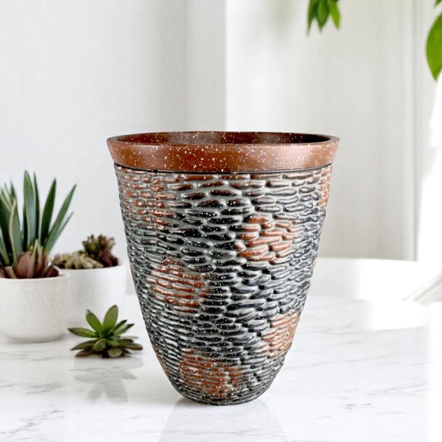 Rustic Stone Look Planter 45.6cm Tall – Brown Resin Pot | 1/2/4 Pack Options