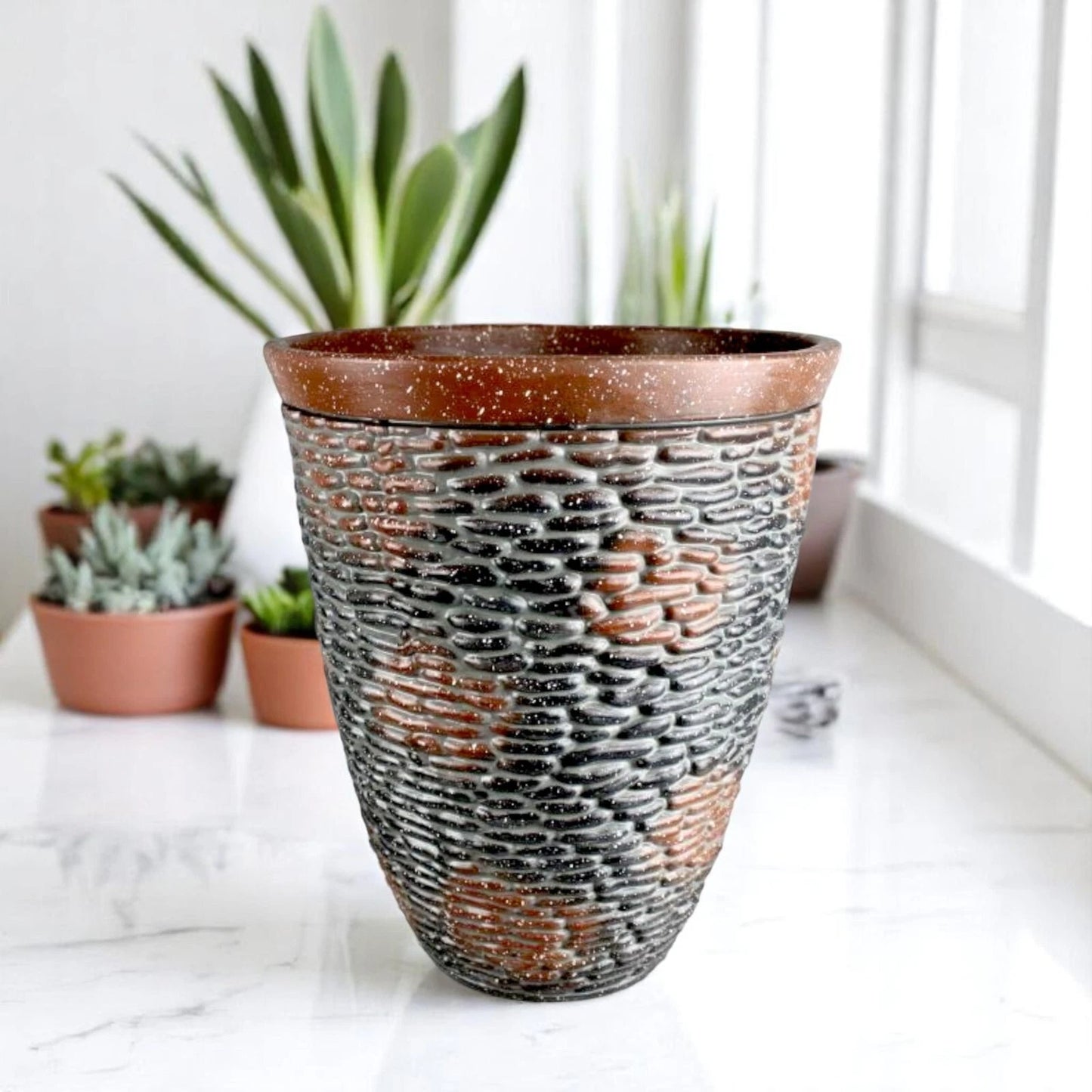 Rustic Stone Look Planter 45.6cm Tall – Brown Resin Pot | 1/2/4 Pack Options