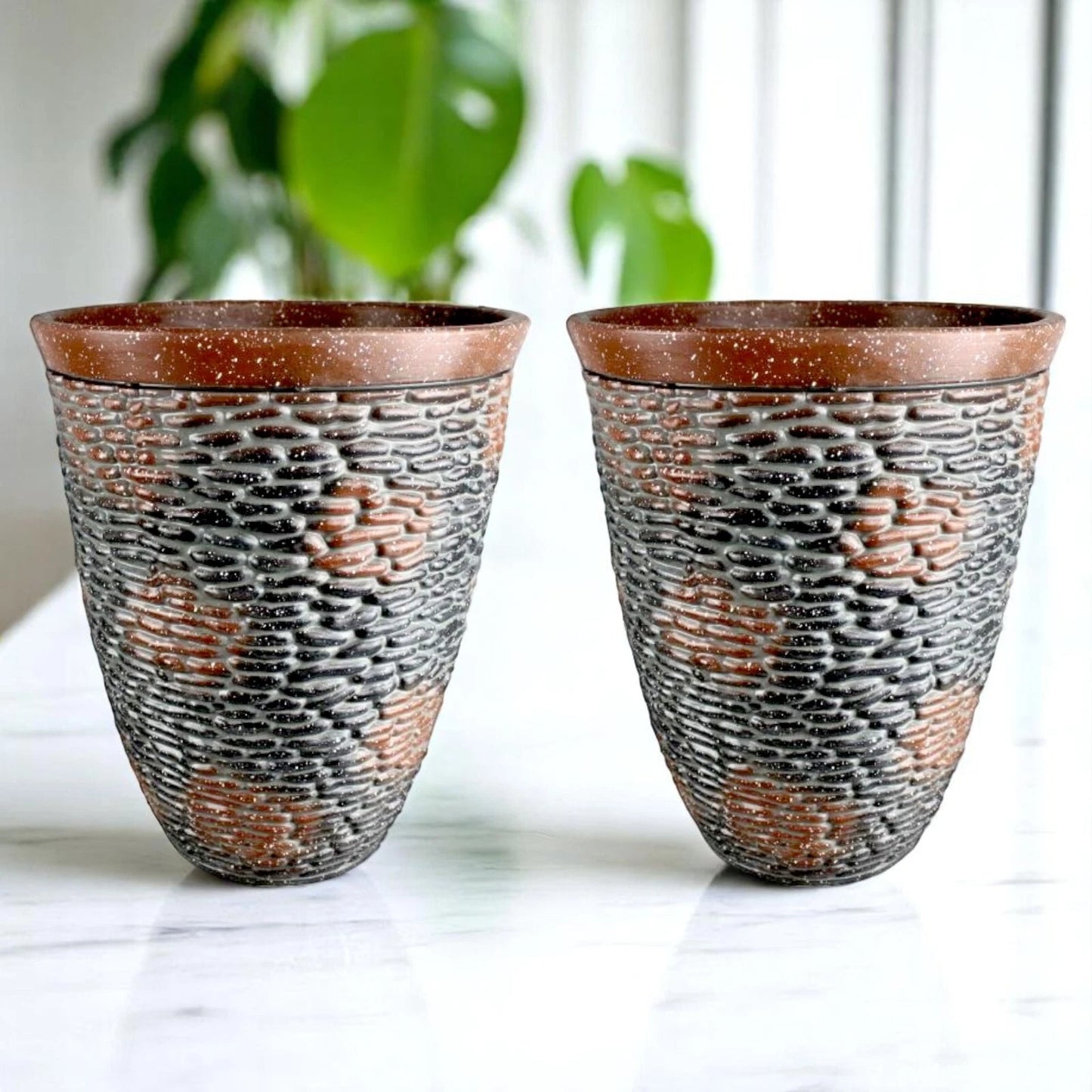 Rustic Stone Look Planter 45.6cm Tall – Brown Resin Pot | 1/2/4 Pack Options