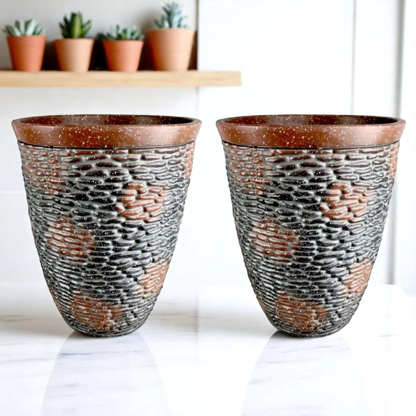 Rustic Stone Look Planter 45.6cm Tall – Brown Resin Pot | 1/2/4 Pack Options