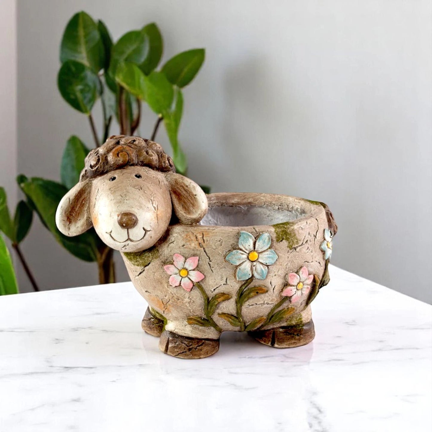 Concrete Sheep Planter 33.5cm – Flower Design Garden Pot | Indoor/Outdoor Decor