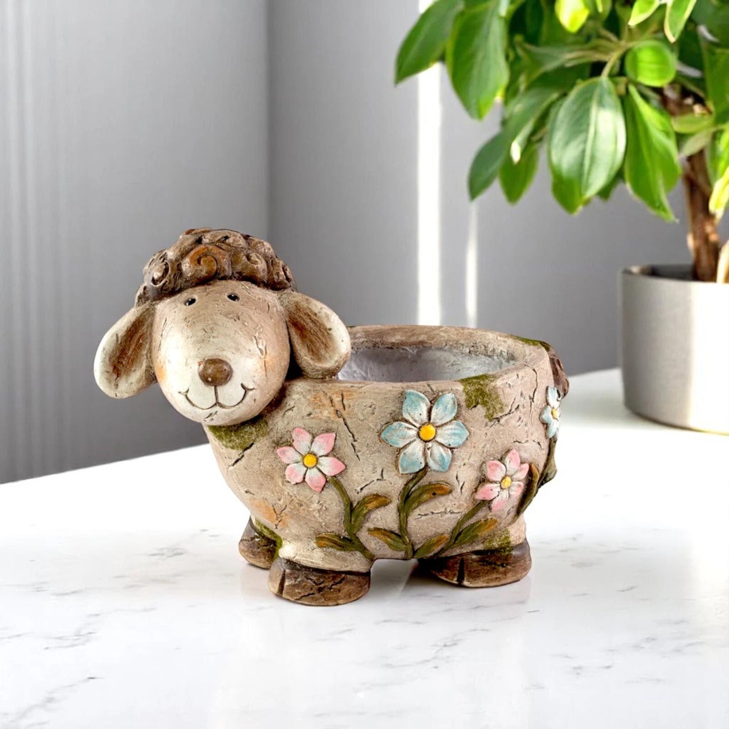 Concrete Sheep Planter 33.5cm – Flower Design Garden Pot | Indoor/Outdoor Decor