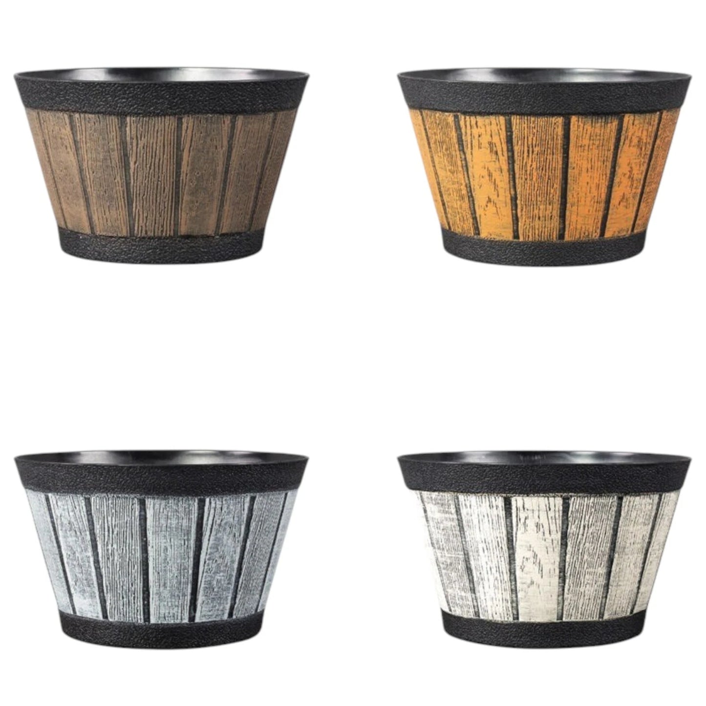 20cm Barrel Effect Garden Planters Rustic Cask Style Flower Pots Mixed Colours (Pack of 4 or 12)