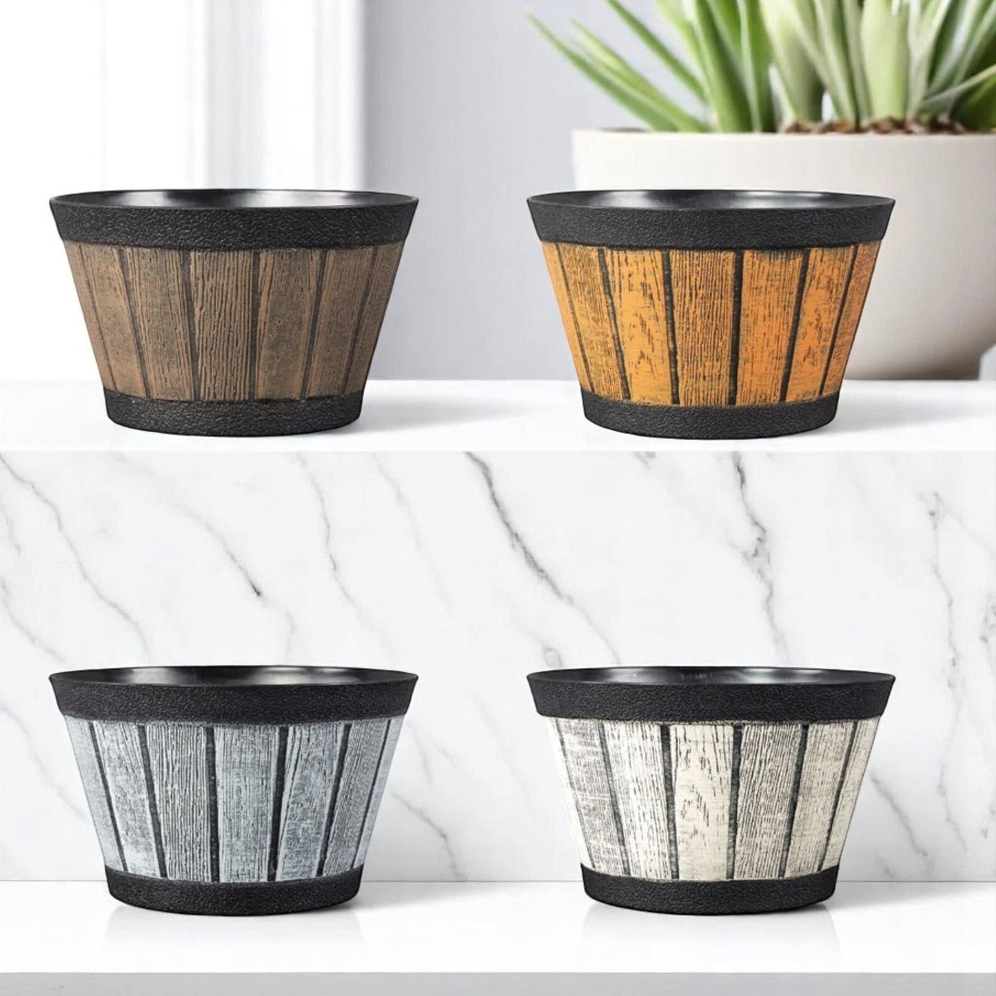 20cm Barrel Effect Garden Planters Rustic Cask Style Flower Pots Mixed Colours (Pack of 4 or 12)
