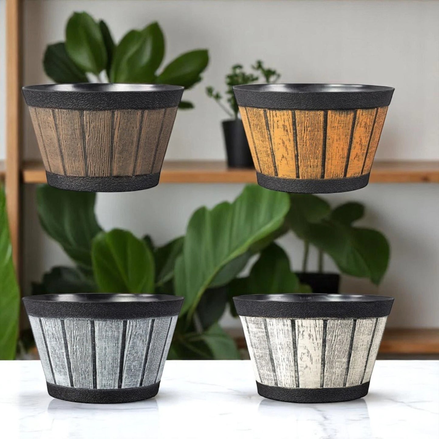 20cm Barrel Effect Garden Planters Rustic Cask Style Flower Pots Mixed Colours (Pack of 4 or 12)