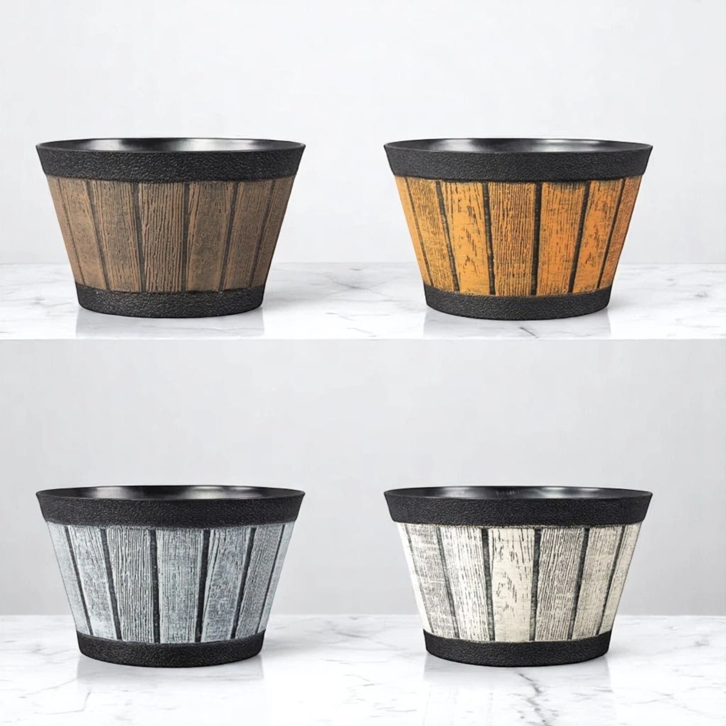 20cm Barrel Effect Garden Planters Rustic Cask Style Flower Pots Mixed Colours (Pack of 4 or 12)