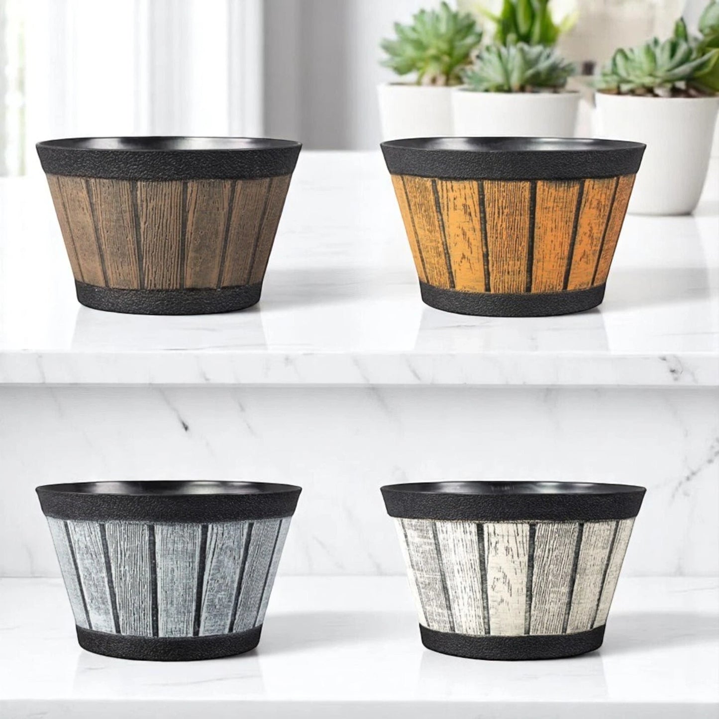 20cm Barrel Effect Garden Planters Rustic Cask Style Flower Pots Mixed Colours (Pack of 4 or 12)