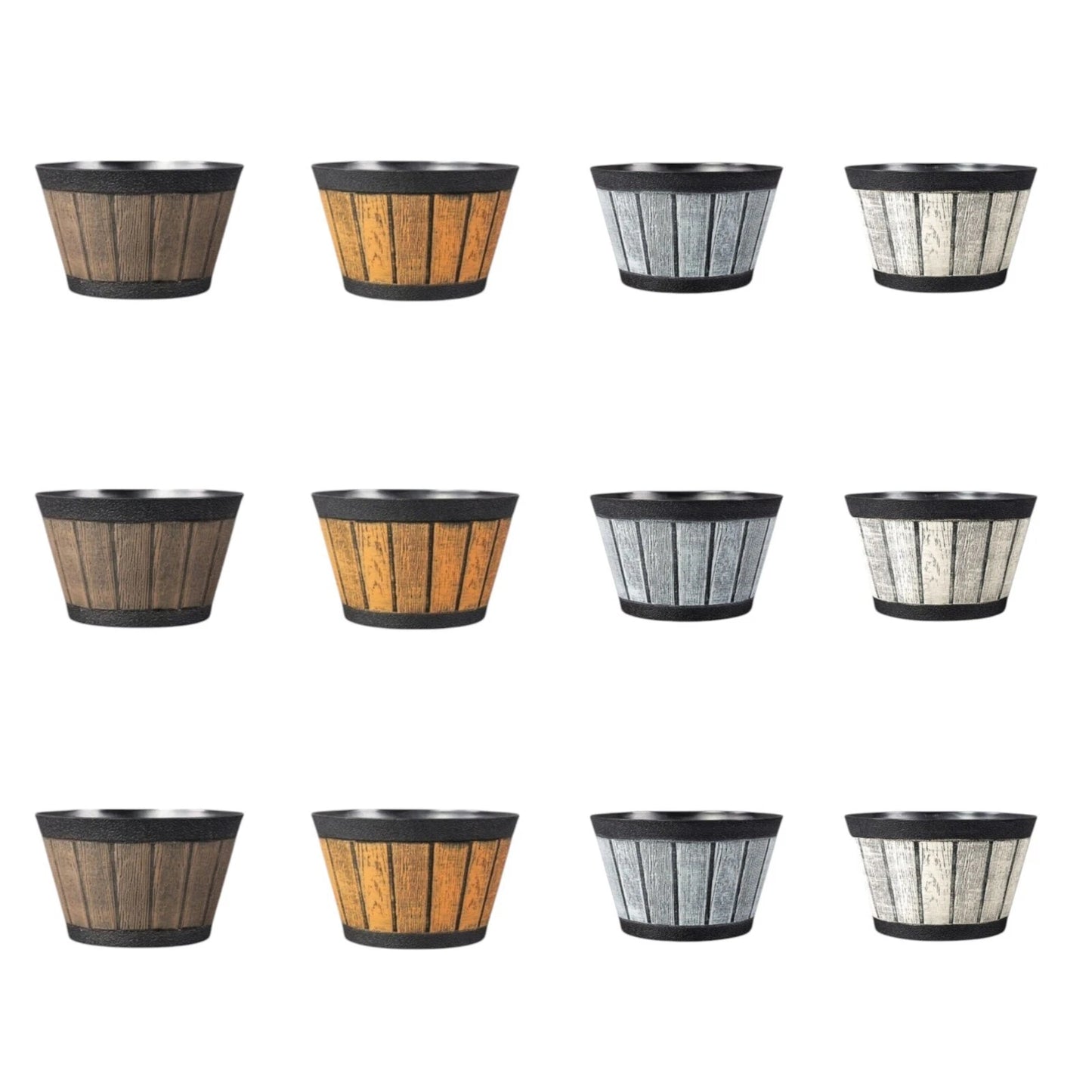 20cm Barrel Effect Garden Planters Rustic Cask Style Flower Pots Mixed Colours (Pack of 4 or 12)