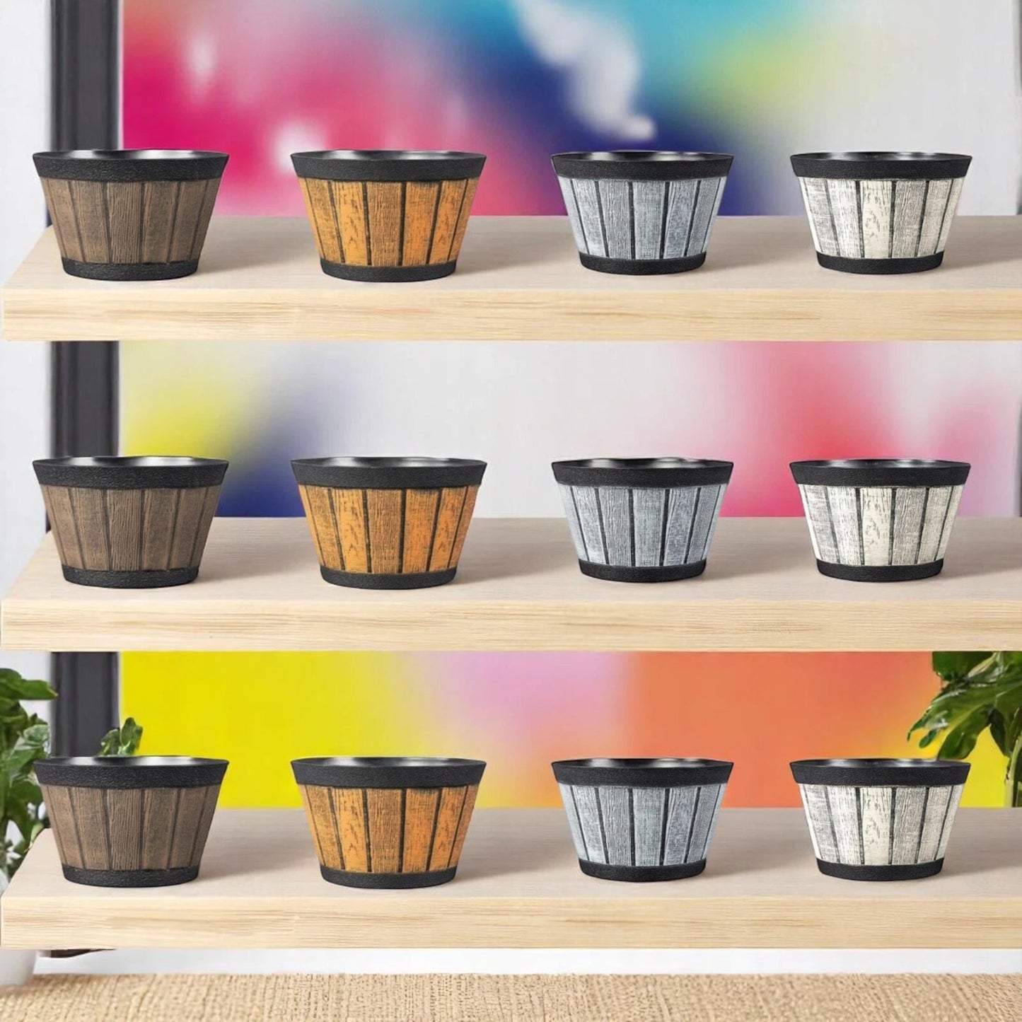 20cm Barrel Effect Garden Planters Rustic Cask Style Flower Pots Mixed Colours (Pack of 4 or 12)