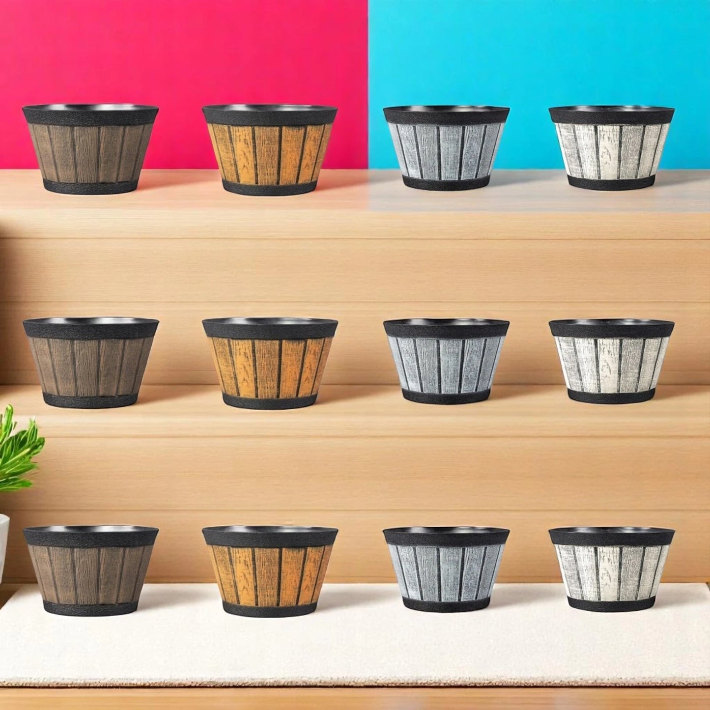 20cm Barrel Effect Garden Planters Rustic Cask Style Flower Pots Mixed Colours (Pack of 4 or 12)
