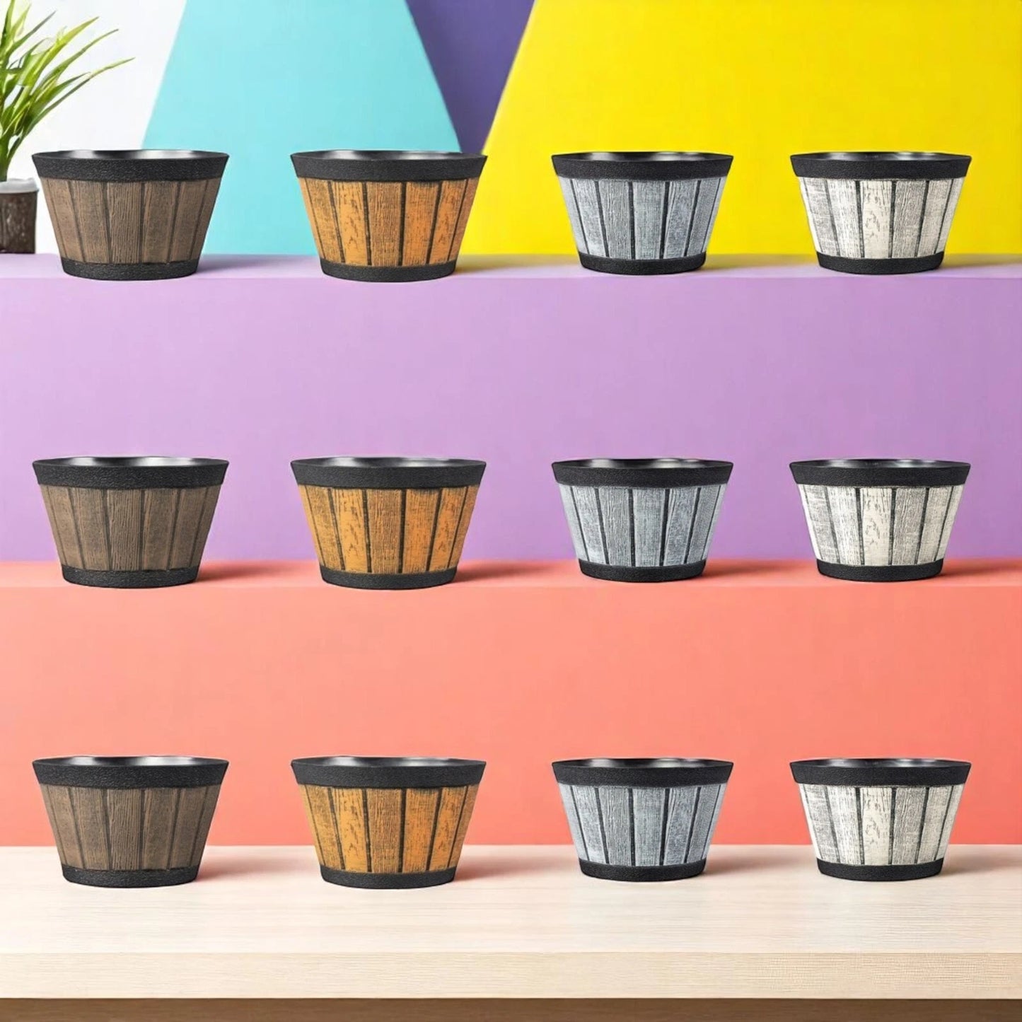 20cm Barrel Effect Garden Planters Rustic Cask Style Flower Pots Mixed Colours (Pack of 4 or 12)