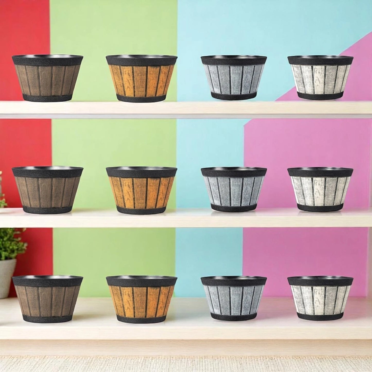 20cm Barrel Effect Garden Planters Rustic Cask Style Flower Pots Mixed Colours (Pack of 4 or 12)