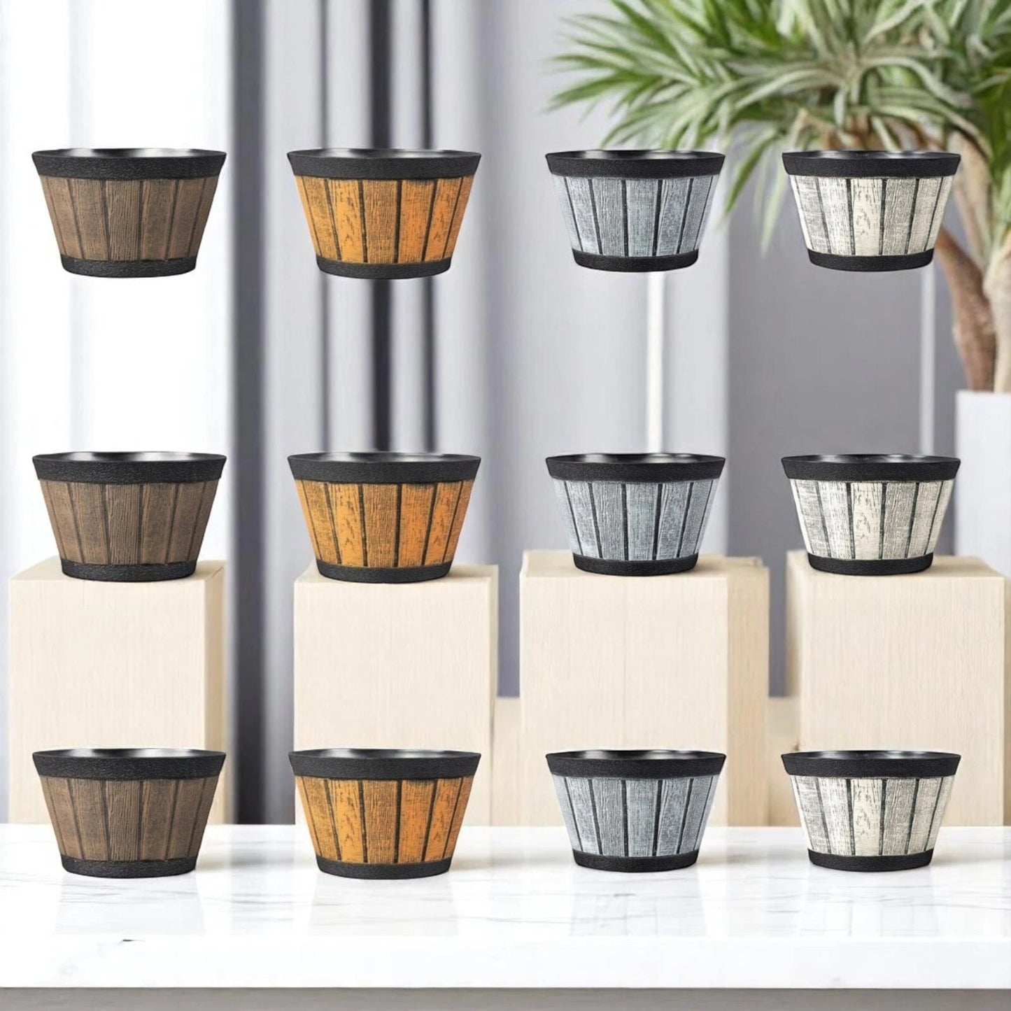 20cm Barrel Effect Garden Planters Rustic Cask Style Flower Pots Mixed Colours (Pack of 4 or 12)