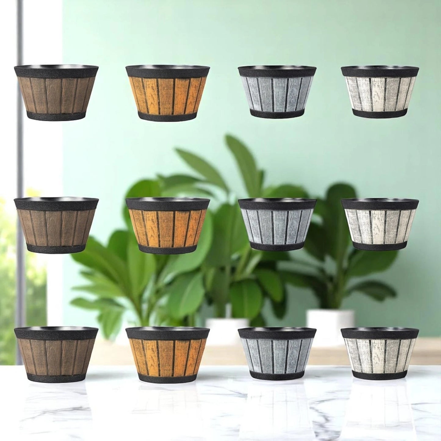 20cm Barrel Effect Garden Planters Rustic Cask Style Flower Pots Mixed Colours (Pack of 4 or 12)