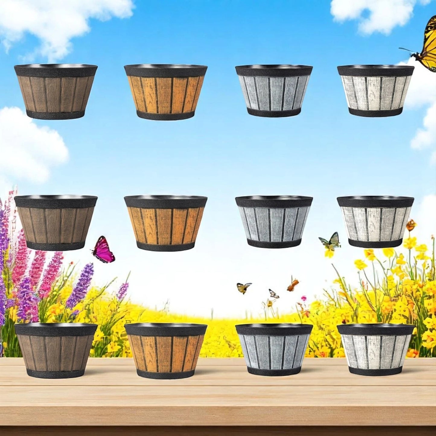 20cm Barrel Effect Garden Planters Rustic Cask Style Flower Pots Mixed Colours (Pack of 4 or 12)