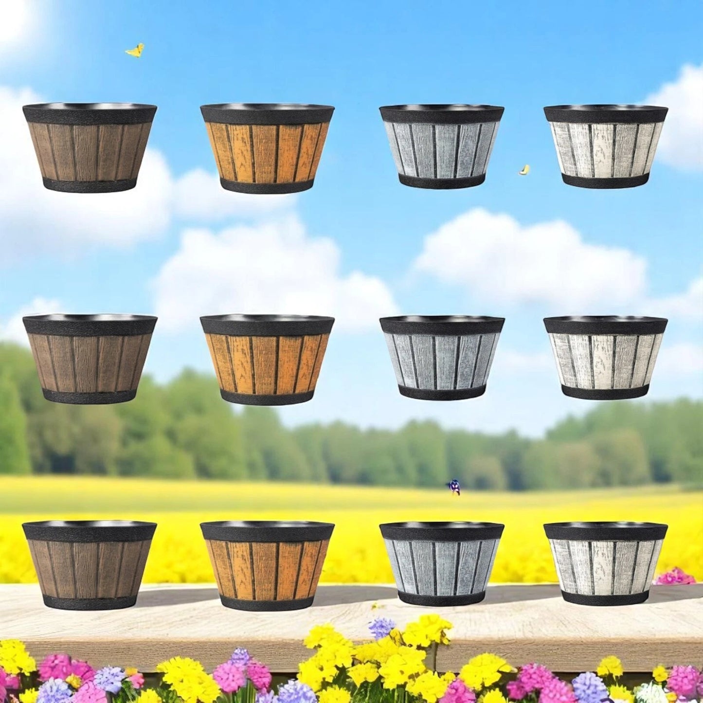 20cm Barrel Effect Garden Planters Rustic Cask Style Flower Pots Mixed Colours (Pack of 4 or 12)