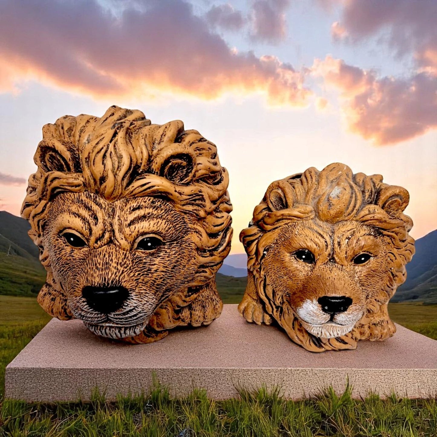 Rustic Lion Head Planter – Concrete Garden Ornament Pot – Small or Large