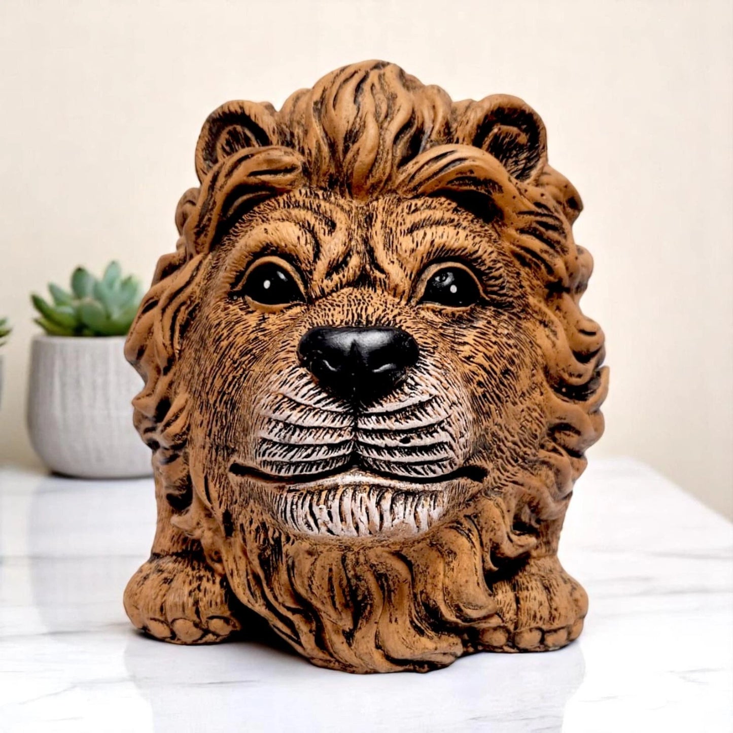 Rustic Lion Head Planter – Concrete Garden Ornament Pot – Small or Large