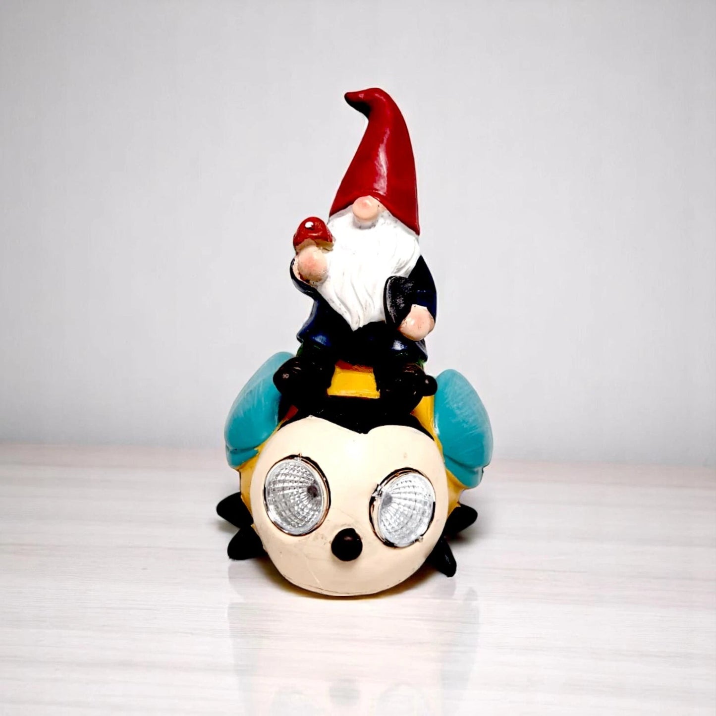 Solar Gnome Garden Ornament – Resin Gnome Statue on Ladybug & Bee with LED Lights (1 or 2 Pack)