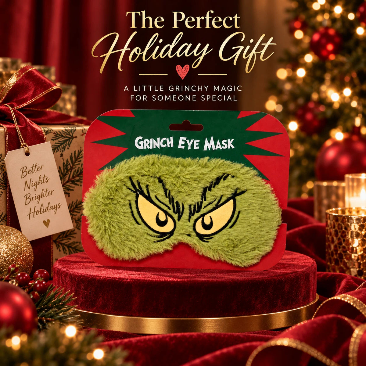 Green Plush Christmas Eye Mask with Embroidered Eyes & Elasticated Strap – Novelty Festive Gift