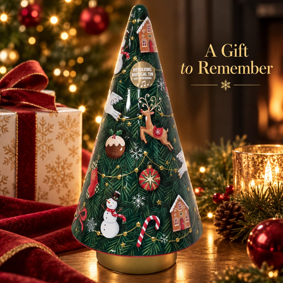Christmas Tree Revolving Musical Tin with Shortbread Biscuits 180g – Festive Gift
