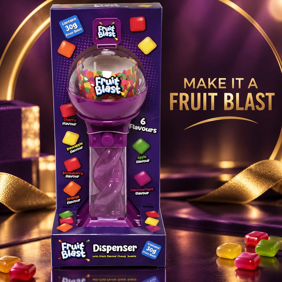 Purple Spiral Sweet Dispenser with 30g Fruit Flavour Chewy Sweets – Refillable Push Button Design