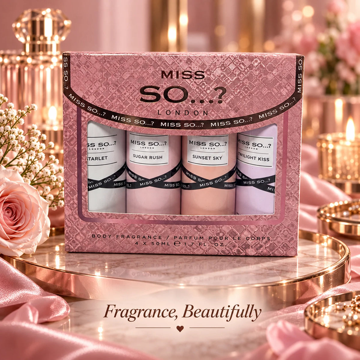 4 Piece Body Fragrance Spray Gift Set – 4 x 50ml Assorted Scents in Pink Gift Box