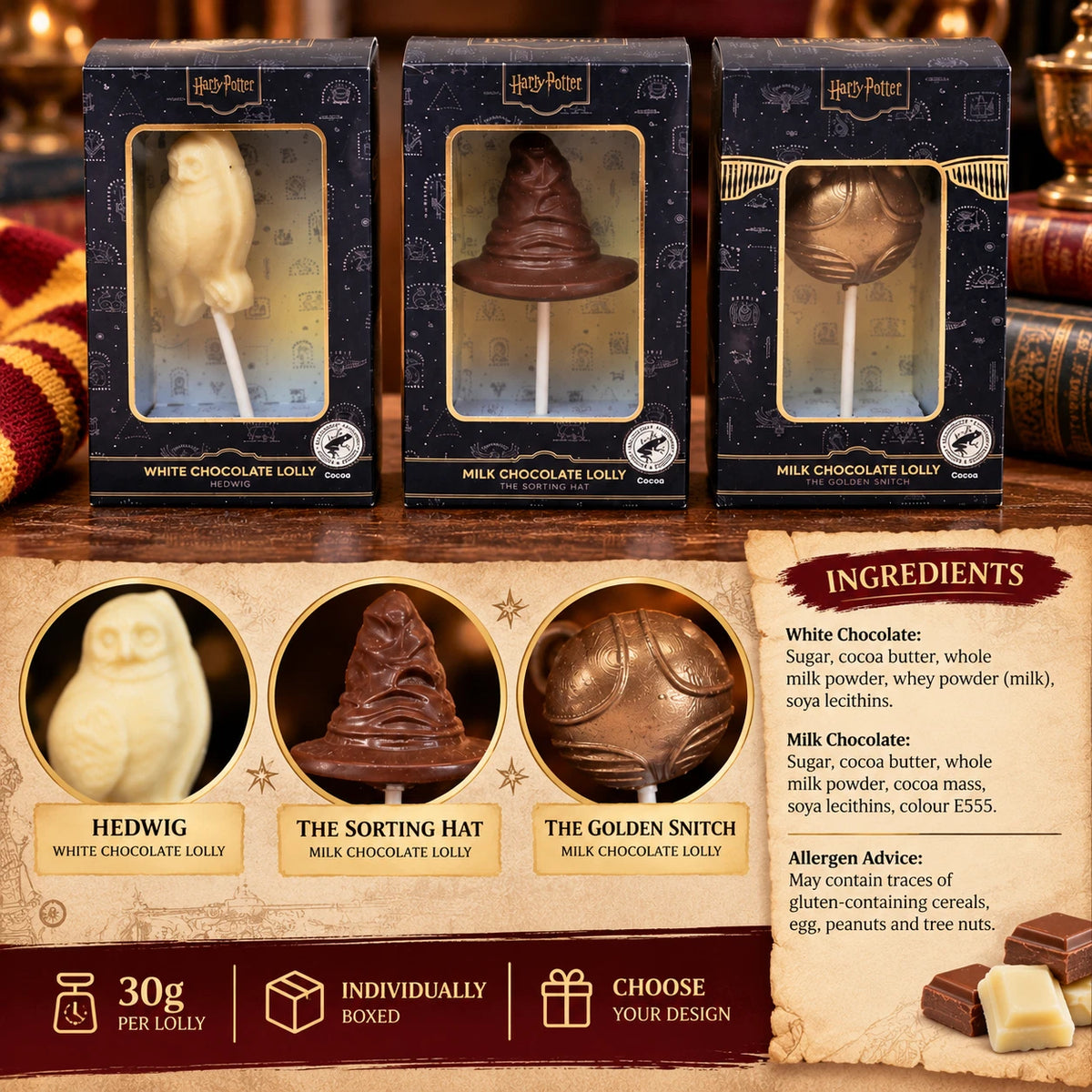 Harry Potter Chocolate Lollipop 30g | Hedwig, Sorting Hat or Golden Snitch | Boxed Sweet Gift
