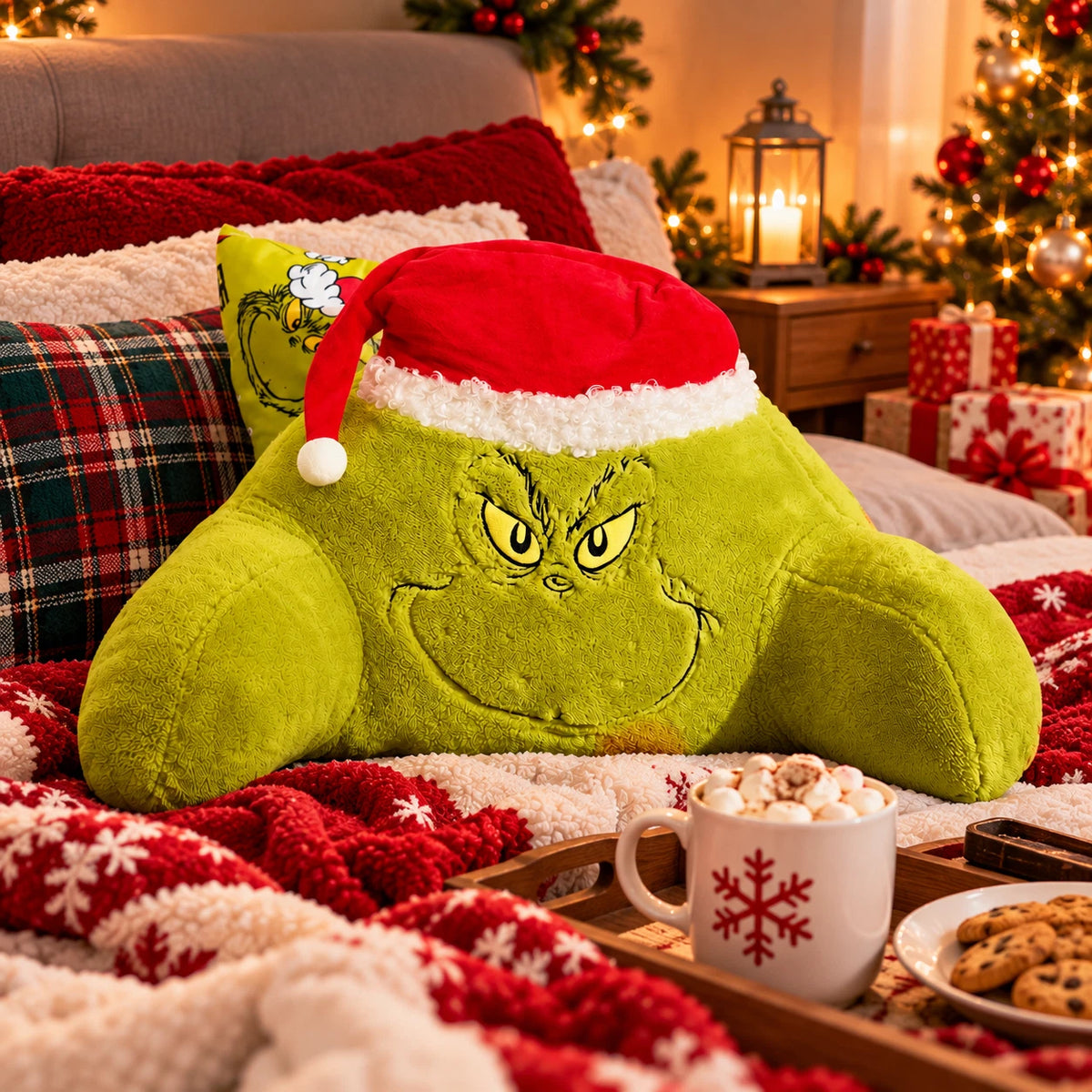 The Grinch Christmas Plush Bed Rest Pillow with Arms & Santa Hat Green Backrest Cushion 43cm