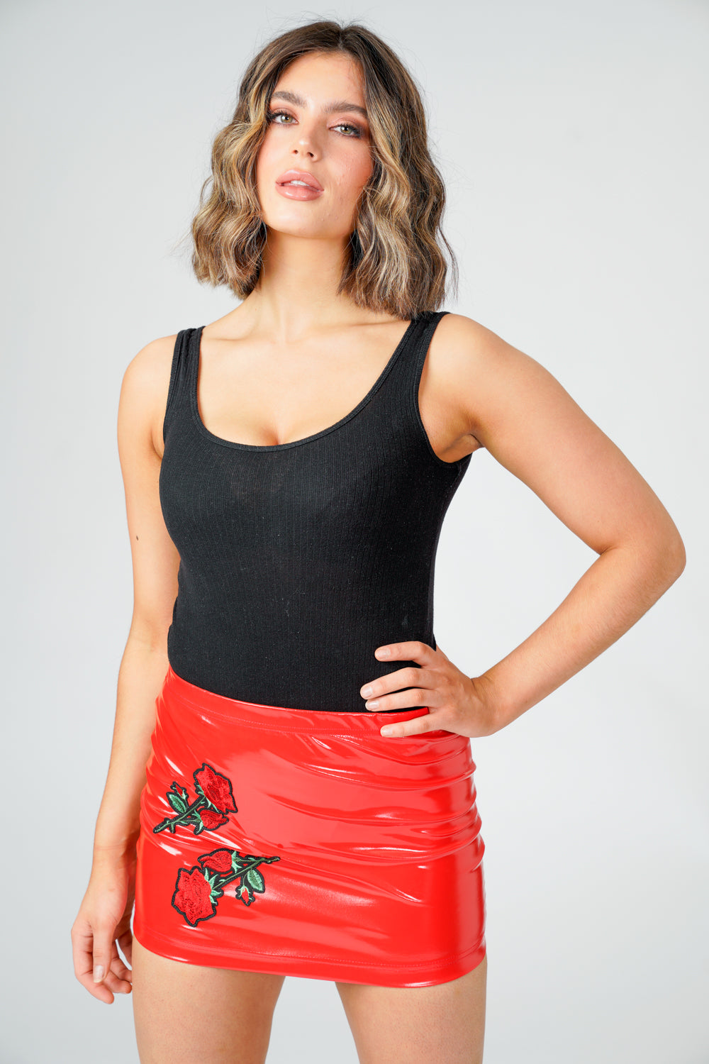 Kiara Red Faux Leather Embroidered Rose Mini Skirt