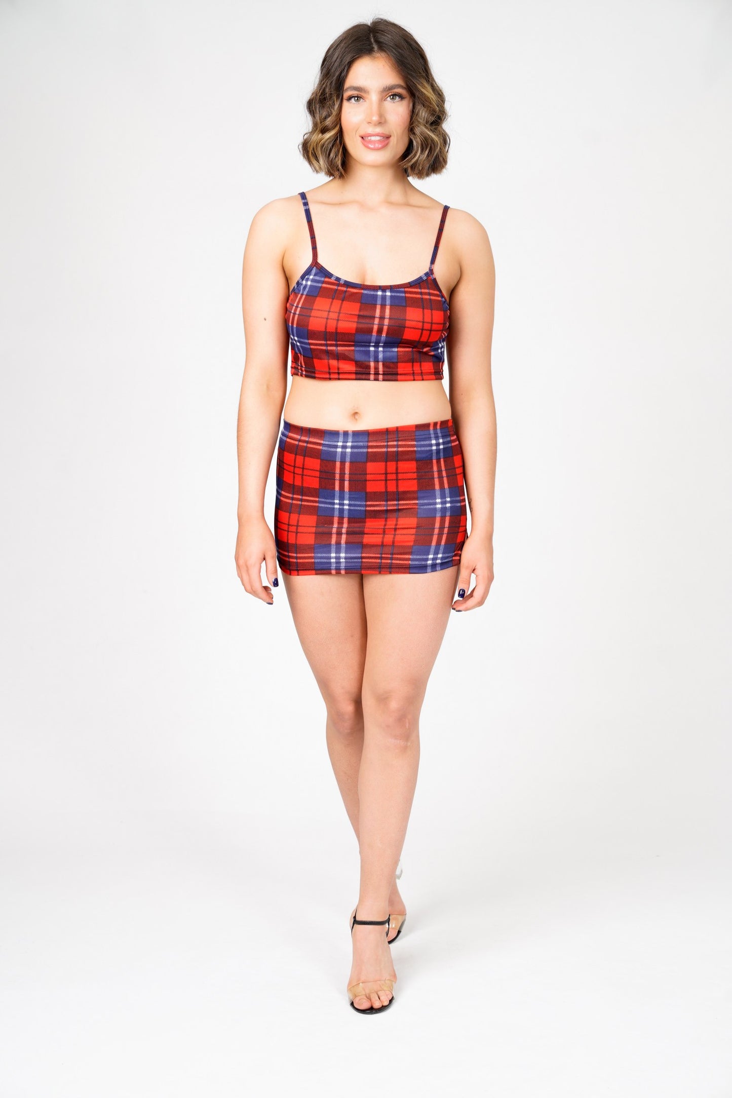 Sara's Check Strappy Crop Top Mini Skirt Co -Ord Set