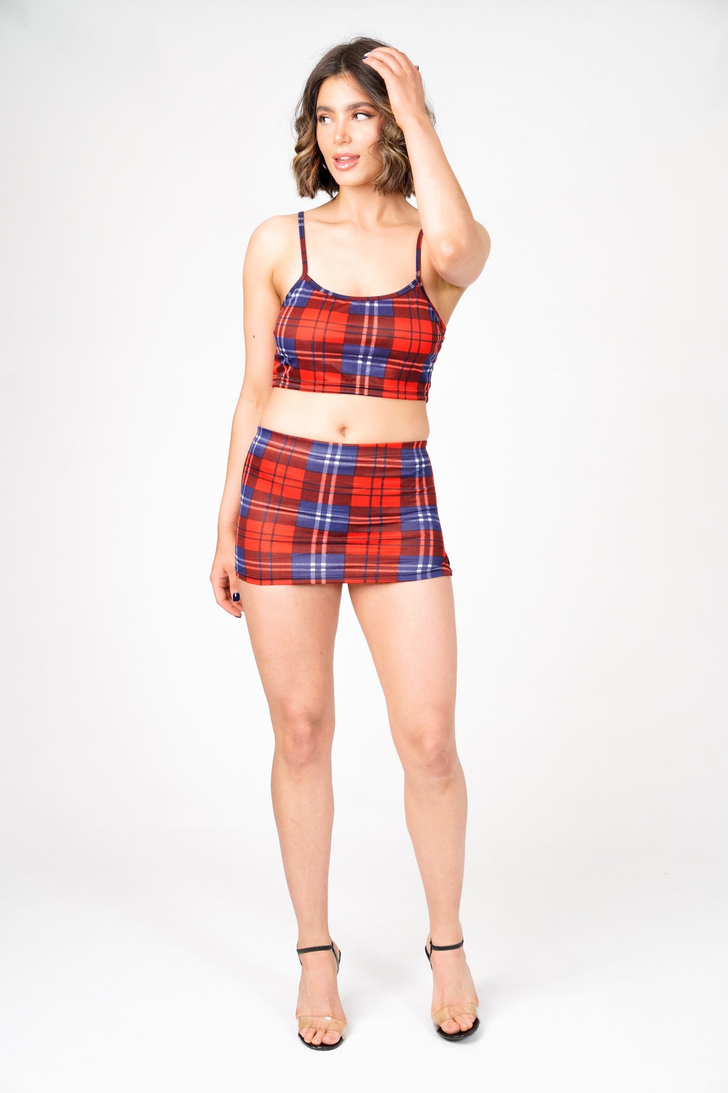 Sara's Check Strappy Crop Top Mini Skirt Co -Ord Set