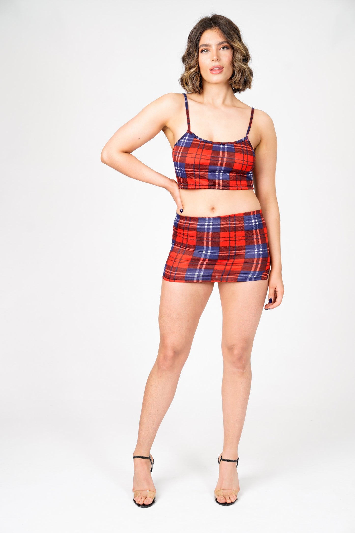 Sara's Check Strappy Crop Top Mini Skirt Co -Ord Set