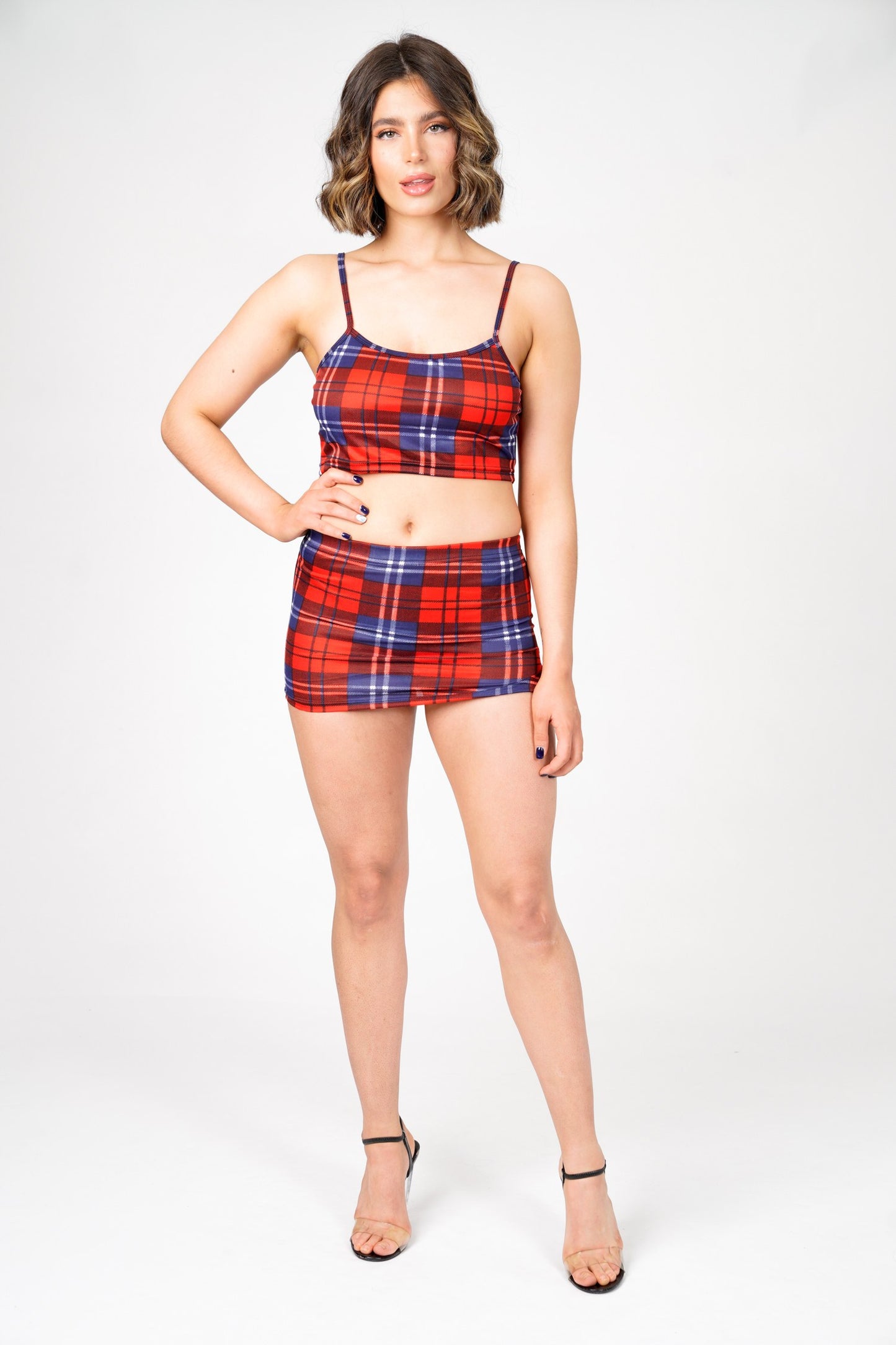 Sara's Check Strappy Crop Top Mini Skirt Co -Ord Set
