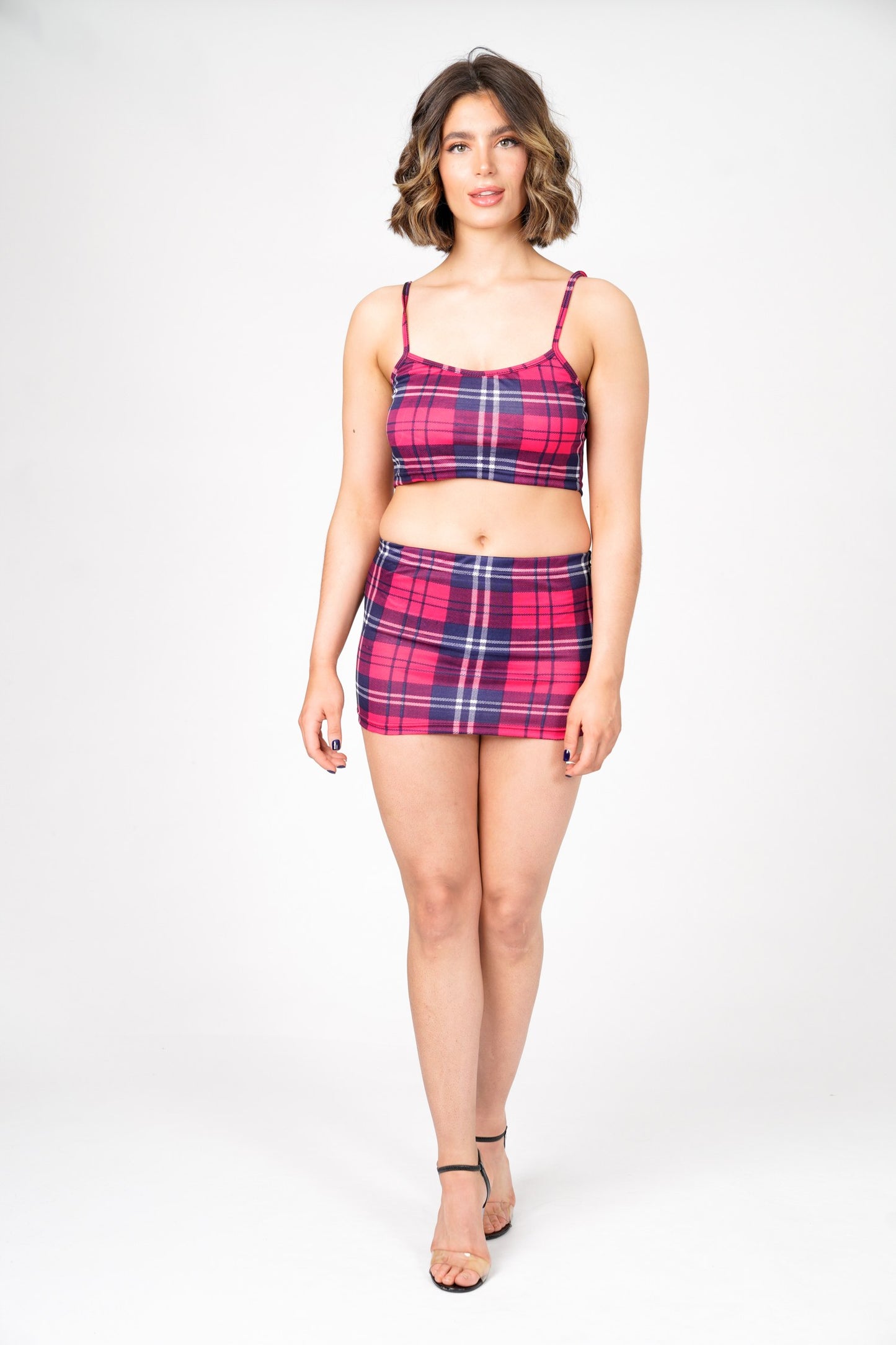 Sara's Check Strappy Crop Top Mini Skirt Co -Ord Set