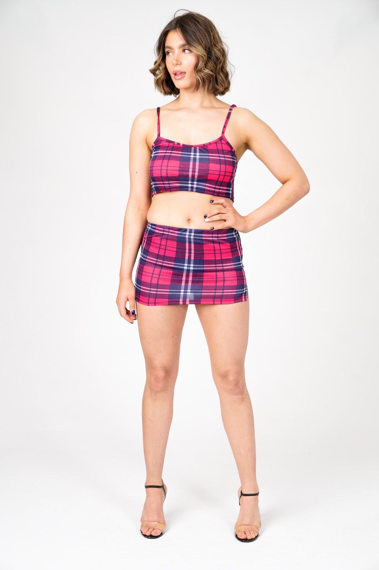 Sara's Check Strappy Crop Top Mini Skirt Co -Ord Set