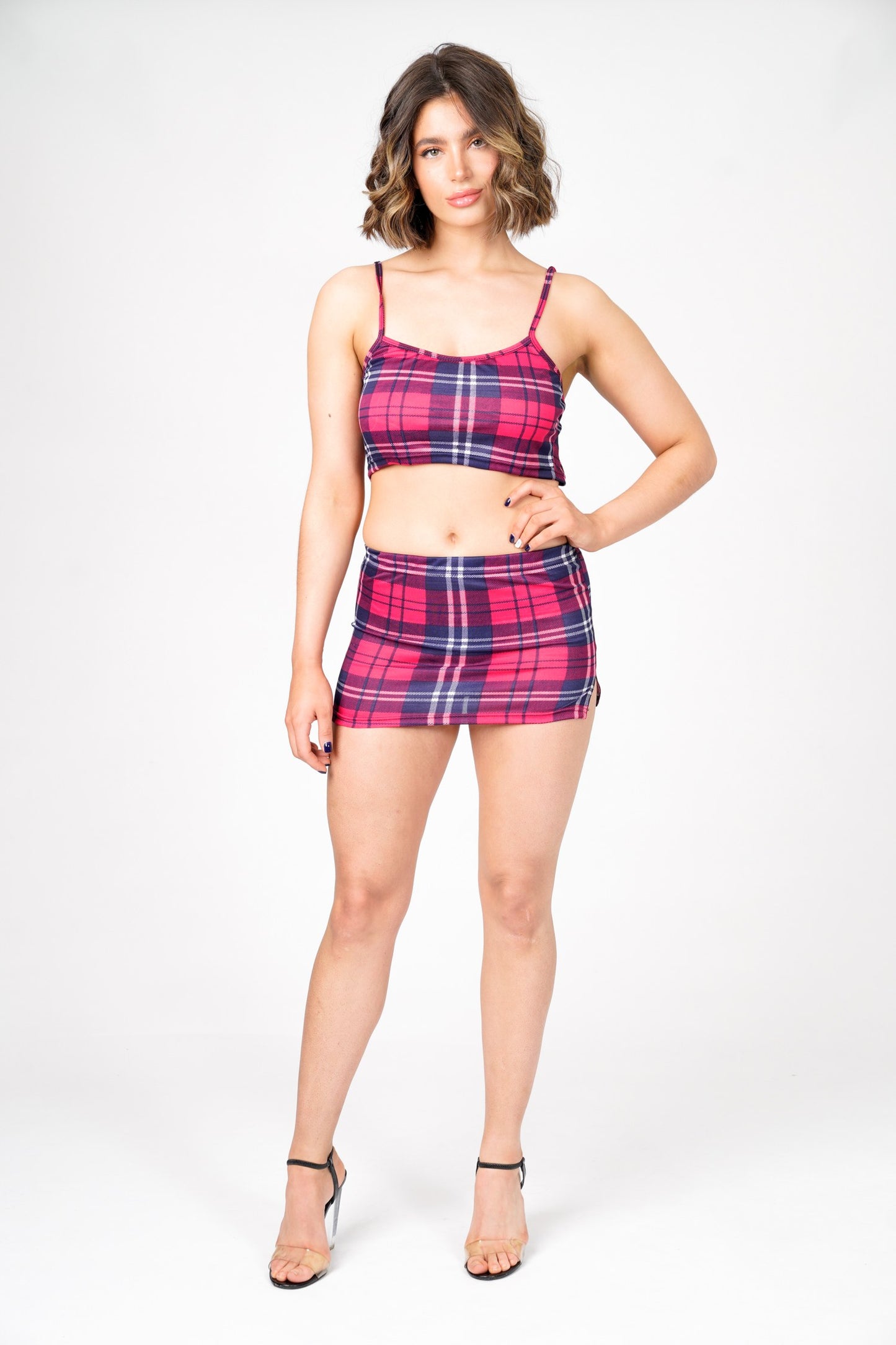 Sara's Check Strappy Crop Top Mini Skirt Co -Ord Set
