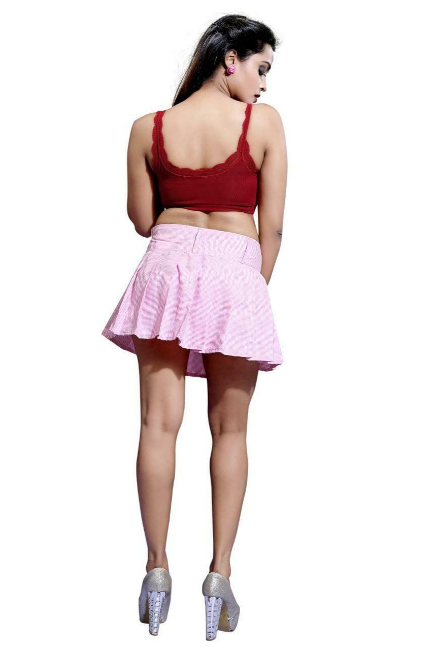 Pink Check Pleated Skirt
